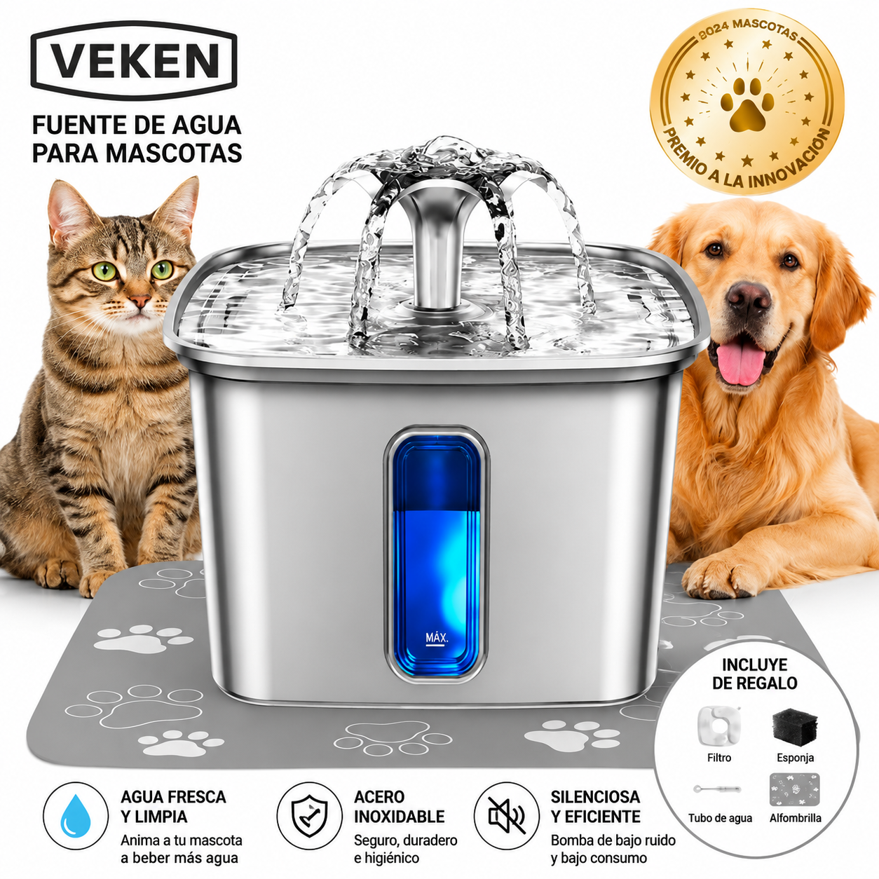 ¡OPORTUNIDAD! AquaPure Pets® | Bebedero Automático para Mascotas de Acero Inoxidable 3.2L · Filtro Purificador · Flujo Silencioso · Incluye Tapete de Silicona